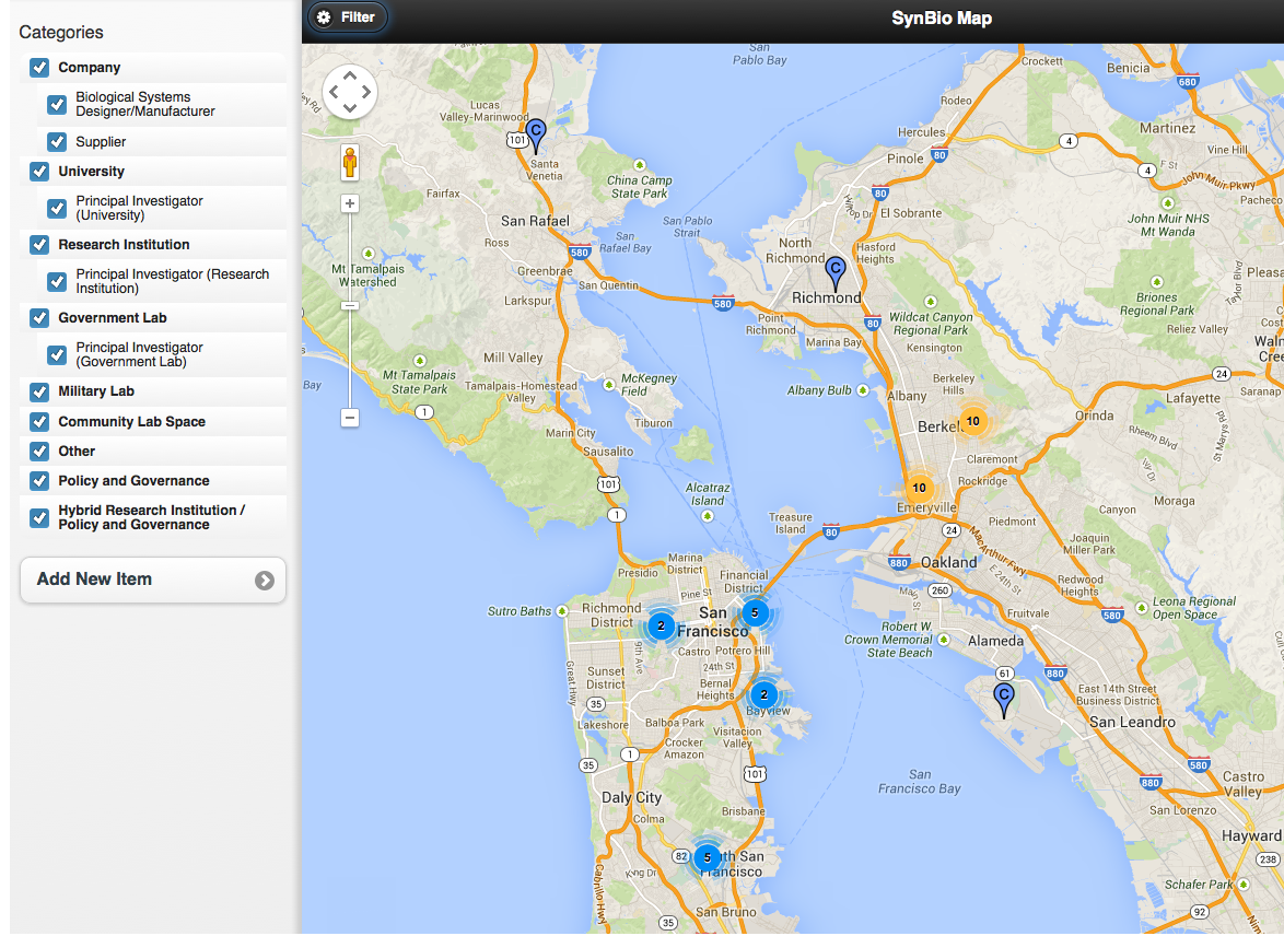 Map of Synthetic Biology Sites in San Francisco Bay Area