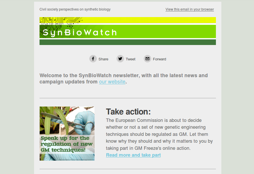 New SynBioWatch newsletter – read the first edition and sign up for future ones!